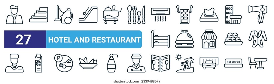 set of 27 outline web hotel and restaurant icons such as receptionist, stairway, vacuum cleaner, towels, reception bell, doorknob, wine menu, lounge vector thin line icons for web design, mobile