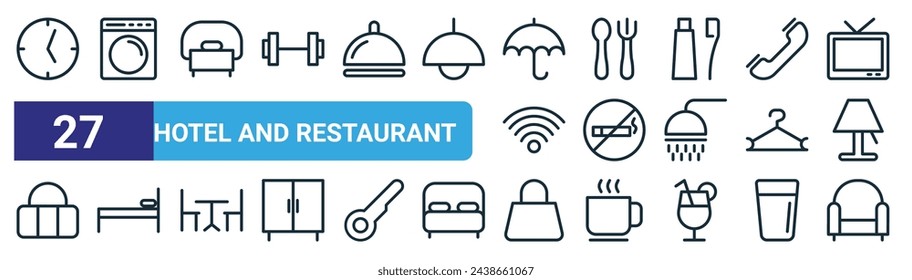 conjunto de 27 iconos esquemáticos de hotel y restaurante web como reloj, lavadora, cama individual, cuchara y tenedor, no fumar, cama individual, bolsa, sofá vector línea delgada iconos para diseño web, aplicación móvil.