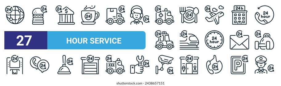 set of 27 outline web hour service icons such as internet, fast food, bank, food service, train, chat, cctv, security vector thin line icons for web design, mobile app.