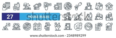 set of 27 outline web house rules icons such as responsibility, throw trash, tidy, watering plants, clean up, study time, lock, house rules vector thin line icons for web design, mobile app. ストックフォト © 