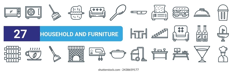 Set von 27 Outline Web Haushalt und Möbel Icons wie Backofen, Schließfach, Besen, Toaster, Treppe oben, Kaffee, Staubsauger, Koch Vektor dünne Linie Icons für Web-Design, mobile App.