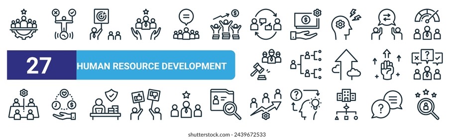 set of 27 outline web human resource development icons such as team, decisions making, goal, payroll, organization, work life balance, training, recruitment vector thin line icons for web design,