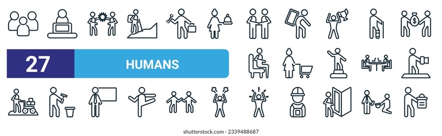 set of 27 outline web humans icons such as miner, internet on laptop computer, fighting, carrying on back, housewife shopping, painter with paint bucket, pain, worker with notepad vector thin line