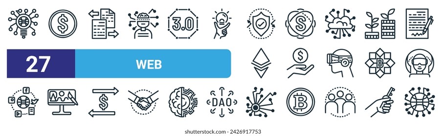set of 27 outline web web icons such as network, coin, data, semantic web, venture, digital art, decentralized, network vector thin line icons for design, mobile app.