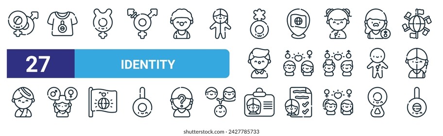 conjunto de 27 iconos de identidad web esquemática como género, camisa, hermafrodita, ubicación, heterosexual, identidad de género, tarjeta de identificación, vector sin género delgado línea iconos para el diseño web, aplicación móvil.