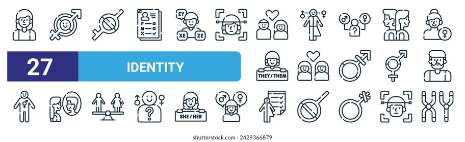 set of 27 outline web identity icons such as female, gender, demigender, transgender, lesbian, identity, gender neutral, chromosome vector thin line icons for web design, mobile app.
