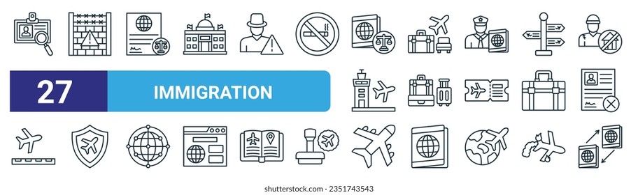 set of 27 outline web immigration icons such as identification, border, document, vacation, luggage, shield, plane, naturalization vector thin line icons for web design, mobile app.