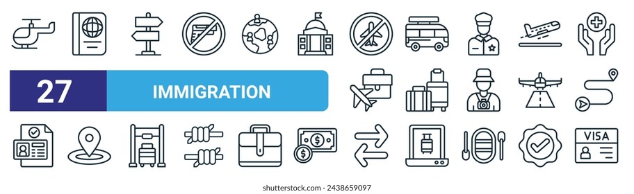 set of 27 outline web immigration icons such as helicopter, passport, directions, travel, luggage, placeholder, change,   vector thin line icons for web design, mobile app.