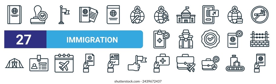 set of 27 outline web immigration icons such as passport, stamp, flag, embassy, backpacker, id card, first aid kit, passport vector thin line icons for web design, mobile app.