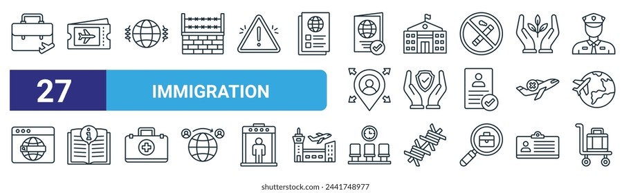 set of 27 outline web immigration icons such as business trip, plane ticket, citizenship, embassy, insurance, guide book, waiting room, airport cart vector thin line icons for web design, mobile