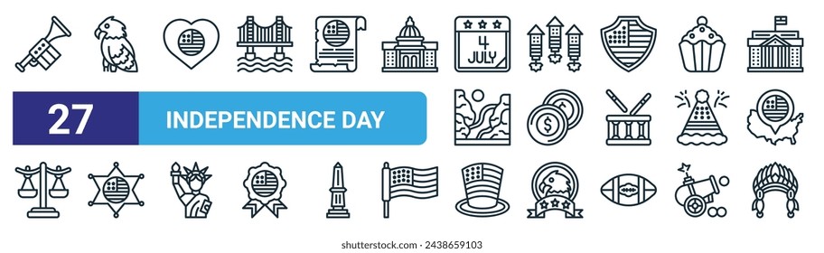 Set von 27 Outline Web Independence Day Icons wie Onkel Sam, Adler, Liebe, Feuerwerk, Dollar, Sheriff Abzeichen, Hut, Kopfschmuck Vektor dünne Linie Icons für Web-Design, mobile App.