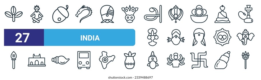 conjunto de 27 iconos de la web de la india de contorno como el árbol del bael, lakshmi, nut, sikhism, parvati, gate of india, sarai, iconos trident vector thin line para diseño web, aplicación móvil.