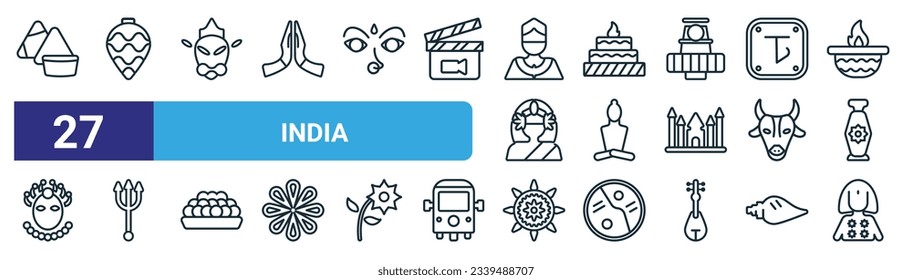 conjunto de 27 íconos de la web india como samosa, ornament, hanuman, yagna, buddhist, trident, rangoli, kali vectorial thin line iconos para diseño web, aplicación móvil.