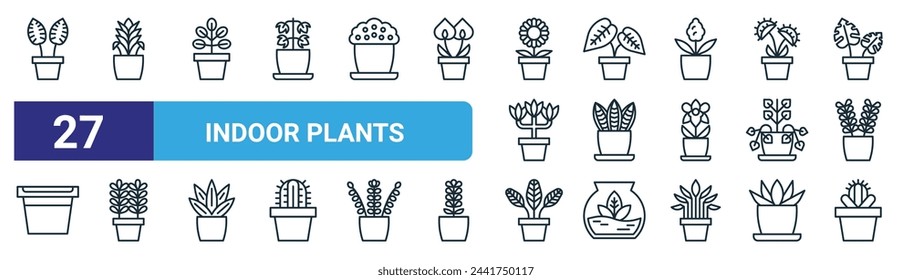 conjunto de 27 iconos de plantas interiores de la web de contorno tales como calathea de rayas finas, bromelia, ficus, philodendron, sansevieria, romero, cinza, lithops vector línea delgada iconos para el diseño web, aplicación móvil.