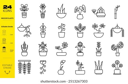 set of 27 outline web indoor plants icons such as lady palm, pilea, blue columnar cactus, potted plant, sansevieria, zz plant, parlor palm, moon cactus vector thin line icons for web design, mobile