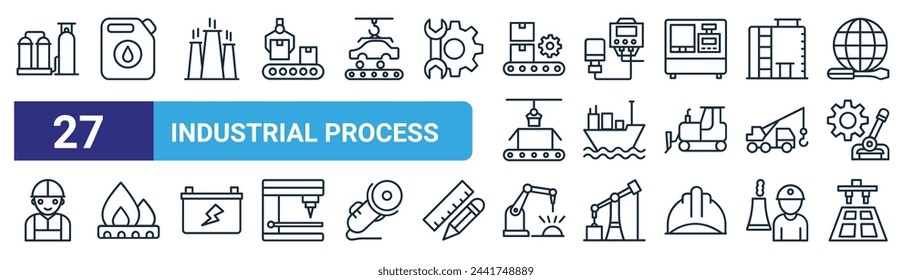 set of 27 outline web industrial process icons such as oil refinery, petrol can, cooling tower, vernier caliper, ship, fire, robotic arm, solar panel vector thin line icons for web design, mobile