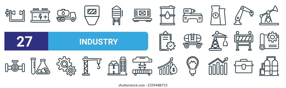 Set von 27 Rahmensymbolen der Web-Industrie, wie z. B. Klammer, Industriebatterien, Öltanker, Lava, Tankwagen, Chemie, Ölpreis, Ölindustrie, Vektorgrafiken für Webdesign, mobile App.