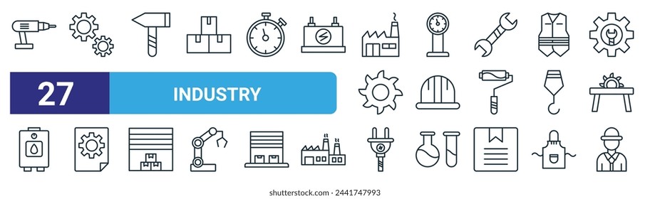 set of 27 outline web industry icons such as drill, gear, hammer, meter, helmet, plan, electric plug, worker vector thin line icons for web design, mobile app.