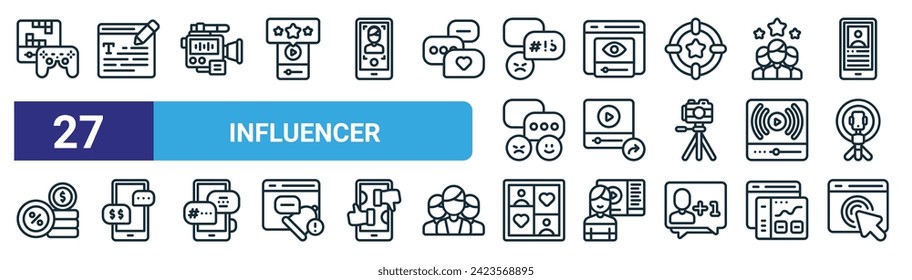 set of 27 outline web influencer icons such as game controller, content, live broadcast, audience, video link, endorsement, gallery, pay per click vector thin line icons for web design, mobile app.