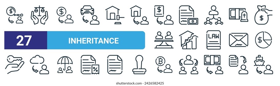 set of 27 outline web inheritance icons such as debts, lawyer, dollar, last will, divide, data, cryptocurrency, yacht vector thin line icons for web design, mobile app.