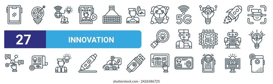 set of 27 outline web innovation icons such as smartphone, strategy, internet of things, g, humanoid, patent, online shop, lens vector thin line icons for web design, mobile app.