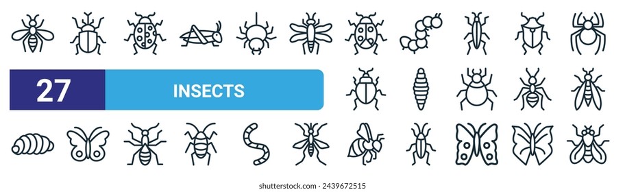 set of 27 outline web insects icons such as wasp, rhinoceros beetle, ladybug, caterpillar, caterpillar, butterfly, bee, fly vector thin line icons for web design, mobile app.