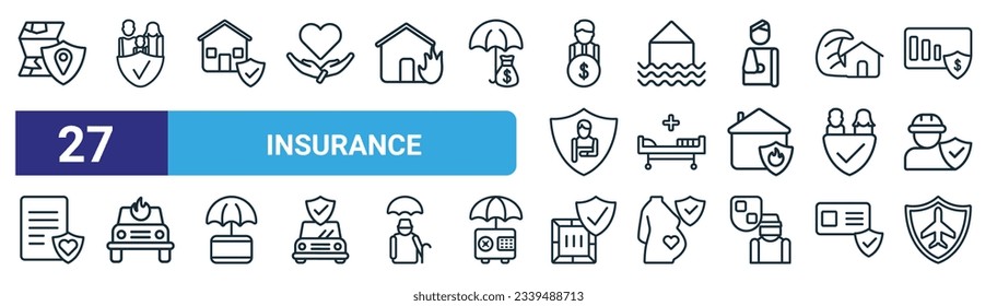 set of 27 outline web insurance icons such as coverage area, family insurance, real estate insurance, flood risk, hospitalization, burning car, delivery air travel vector thin line icons for web