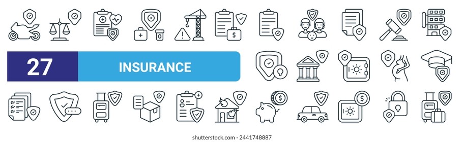 set of 27 outline web insurance icons such as bike, legal insurance, health insurance, family retirement safety, saving, luggage vector thin line icons for web design, mobile app.