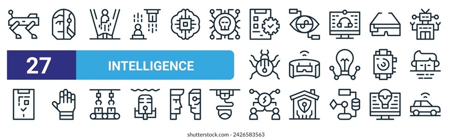 set of 27 outline web intelligence icons such as robotic dog, cyborg, holographic, index, virtual reality, gesture, brainstroming, autonomous vector thin line icons for web design, mobile app.