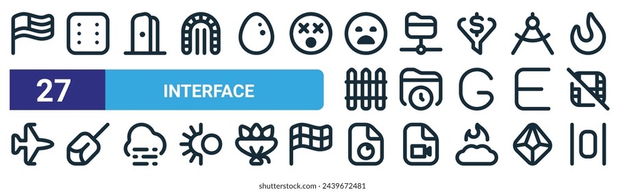 set of 27 outline web interface icons such as flag usa, dice six, door open, ftp, folder times, dreidel, file chart pie, distribute spacing horizontal vector thin line icons for web design, mobile
