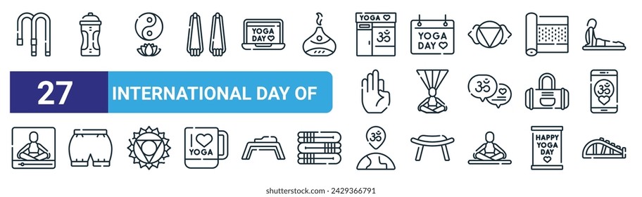 set of 27 outline web international day of icons such as belt, bottle, mindfulness, international day of yoga, mindfulness, shorts, international day yoga, yoga vector thin line icons for web