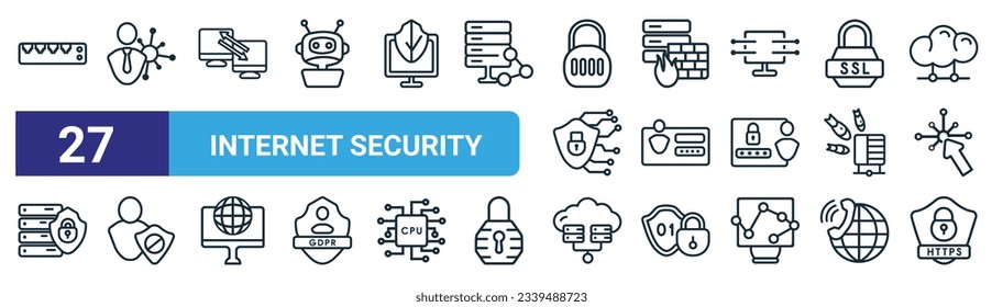 conjunto de 27 iconos de seguridad de internet de esquema como hub, administrador de red, acceso remoto, firewall, autenticación, acceso denegado, virtualización, iconos de línea delgada vectorial https para diseño web,