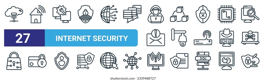 set of 27 outline web internet security icons such as cloud storage, home network, remote support, network cubes, rotate camera, secure payment, wireless connection, medical research vector thin