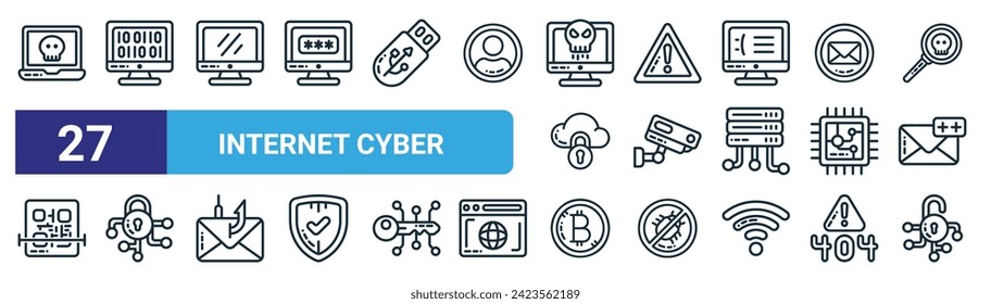 set of 27 outline web internet cyber icons such as virus attack, binary code, computer, alert, cctv, lock, bitcoin, unlock vector thin line icons for web design, mobile app.