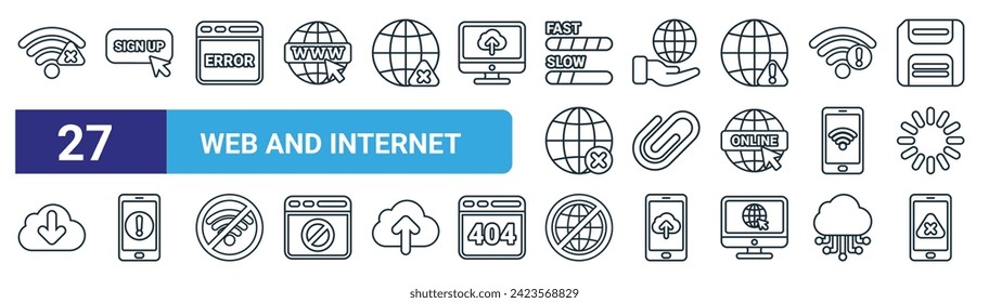 set of 27 outline web web and internet icons such as no wifi,  , error message, world wide web, paperclip, error message, no internet, not found vector thin line icons for design, mobile app.