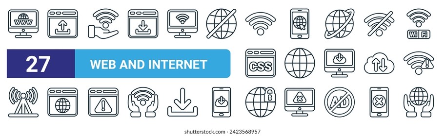 conjunto de 27 contornos web e iconos de internet como web a nivel mundial, archivo de carga, wifi, red móvil, internet, seguridad, iconos de línea delgada vector a nivel mundial para diseño, aplicación móvil.