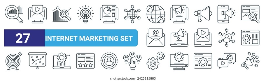 set of 27 outline web internet marketing set icons such as research, mail, research, computer, broadcasting, strategy, time management, broadcast vector thin line icons for web design, mobile app.
