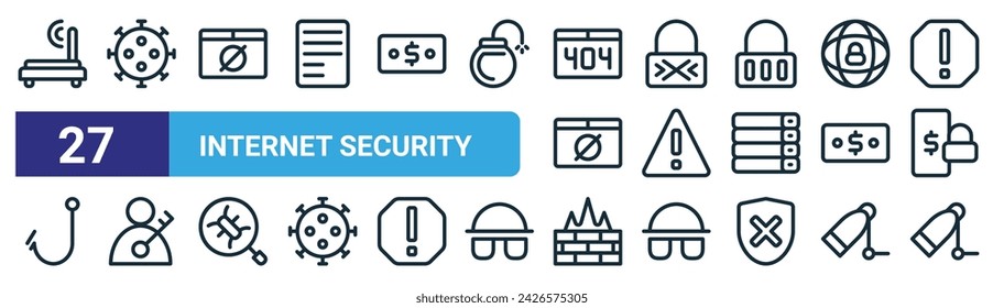 set of 27 outline web internet security icons such as router, virus, ban, wrong password, warning, login, firewall, cctv vector thin line icons for web design, mobile app.
