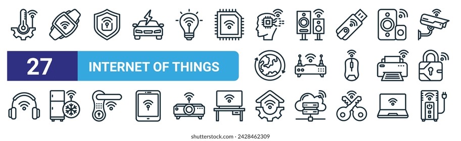 Set von 27 Outline Web of Things Icons wie Smart Temperature, SmartWatch, Sicherheit, Lautsprecher, Modem, Smart Kühlschrank, Smart Home, unterbrechungsfreie Stromversorgung Vektor dünne Linie Icons für