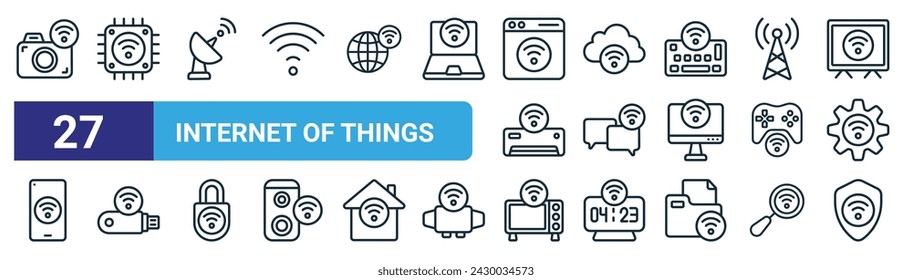 conjunto de 27 iconos de internet de las cosas web de esquema como cámara, cpu, parabólico, nube, chat, módem usb, microondas, escudo vector de línea delgada iconos para el diseño web, aplicación móvil.