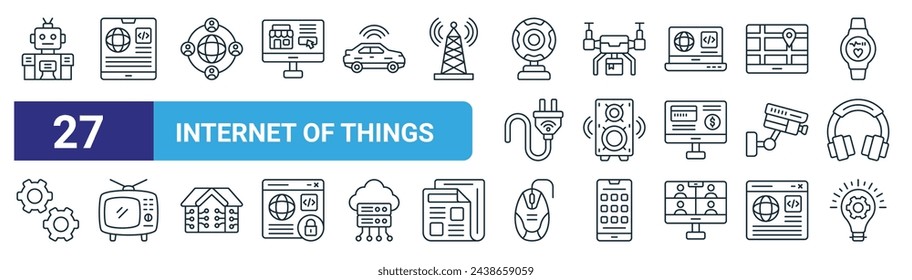 set of 27 outline web internet of things icons such as robot, tablet, network, drone delivery, speaker, television, mouse, idea vector thin line icons for web design, mobile app.