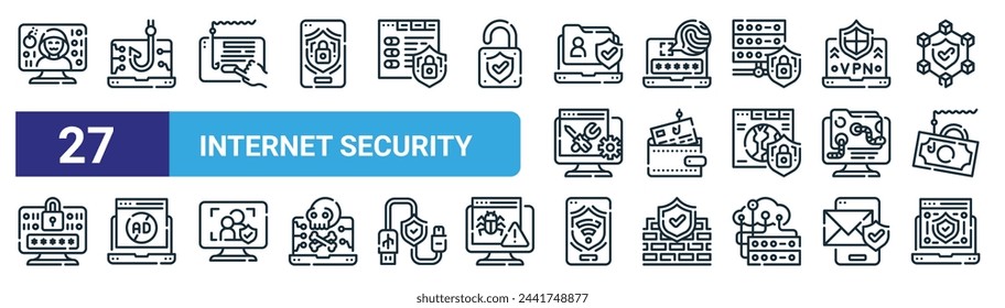 set of 27 outline web internet security icons such as hacker, fishing, clickbait, fingerprint, credit card, ad blocker, wifi, antivirus vector thin line icons for web design, mobile app.