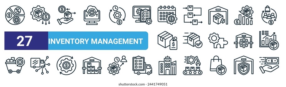 conjunto de 27 iconos de gestión de inventario web de esquema como margen, reducir el costo, compras, fifo, entrega rápida, distribución, empresa, vector de pago delgado línea iconos para el diseño web, aplicación móvil.