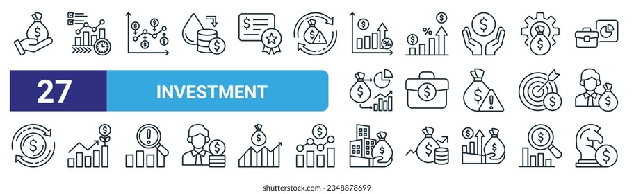 set of 27 outline web investment icons such as venture capital, market, dollar cost average, dividends, portfolio, growth, real estate, investment vector thin line icons for web design, mobile app.