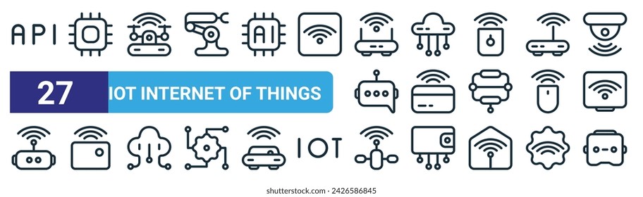 set of 27 outline web iot internet of things icons such as api, chip, smart drone, big data, smart card, sensor, navigation, vr glasses vector thin line icons for web design, mobile app.