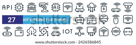 set of 27 outline web iot internet of things icons such as api, chip, smart drone, big data, smart card, sensor, navigation, vr glasses vector thin line icons for web design, mobile app.