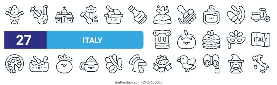 set of 27 outline web italy icons such as fashion, violin, church, spaghetti, tomato, gondola, truffle, italy vector thin line icons for web design, mobile app.