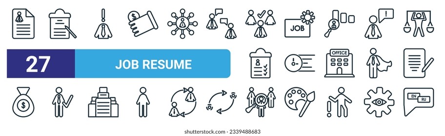 Set von 27 Umriss Web Job Lebenslauf Symbole wie Curriculum Vitae, Anwendung, Probleme, Job-Anwendung, dringend, Kandidat, Auswahl, Sprache Vektor dünnen Linie Symbole für Web-Design, mobile App.