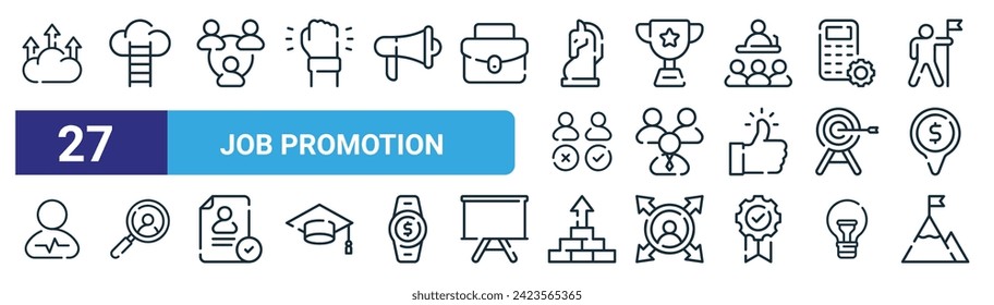 set of 27 outline web job promotion icons such as profits, career, teamwork, trophy, recruitment, recruit, company, peak vector thin line icons for web design, mobile app.