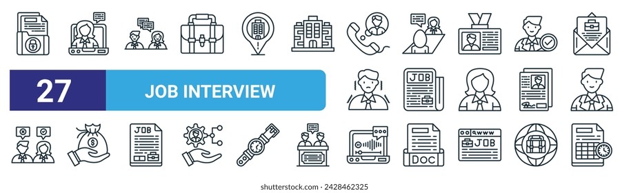 conjunto de 27 iconos de entrevistas de trabajo web esquemáticas como confidencial, entrevista de trabajo, charla, entrevista de trabajo, periódico, salario, correo de voz, vector de programación de iconos de línea delgada para diseño web, aplicación móvil.